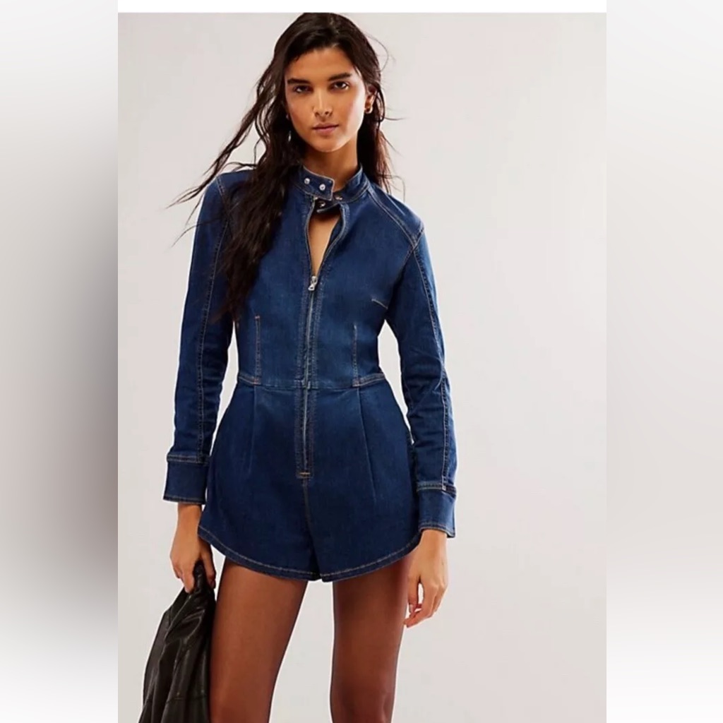 Free People On The Run Moto Romper Front Zip Snap Collar Seaming Pockets Blue